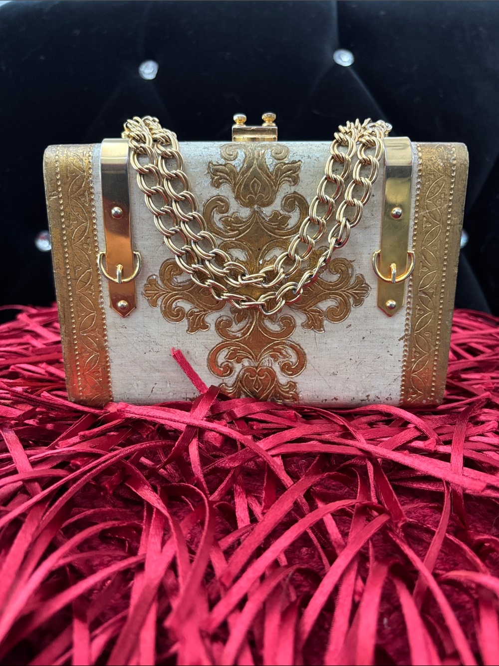 Gold and Cream Ornate Chain-Handle Women's Clutch
